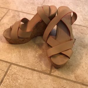 Beige and pink strappy wedges